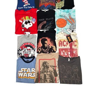 May include: A collection of various graphic t-shirts. Designs include cartoon characters, band logos, and text. Colors vary, including red, blue, black, and gray. Some shirts feature text like "Come and Take It", "Pink Floyd", and "Star Wars".