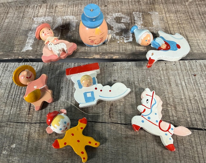 Vintage 1970s IRMI Wooden Mother Goose Themed Hand-painted Nursery Mobile Charms No. M813 Please READ Description