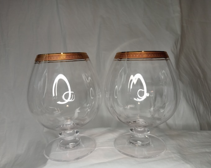 Set of 2 gold encrusted Pasabahce large whiskey globes, vintage brandy snifter, balloon snifter, MCM, Father's Day gift
