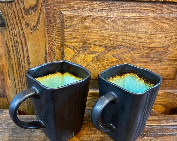 Vintage Set of 2 Baum Brothers Galaxy Jade Mugs Japan Beautiful Crazing  Black and Green Ocean Paradise Jade Gibson Designs