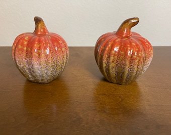 Crackle Glazed Set of 2 Orange, pink and Brown Pumpkins Table Decor