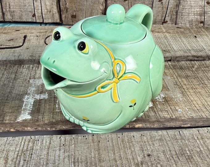 Vintage Otagiri Frog Teapot With Lid Yellow Bowtie