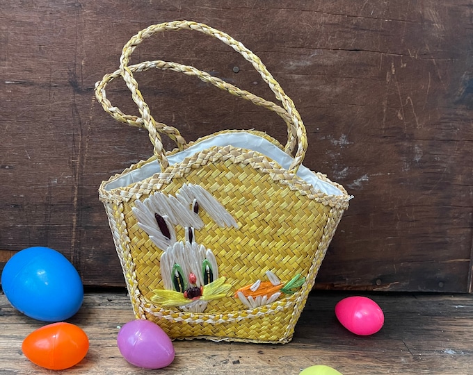 Straw Rabbit Bunny Handbag Vinyl Liner Colorful Yellow Color Bunny Carry Basket, Easter Bunny Children's Purse, Vintage Rabbit Woven Bag MCM