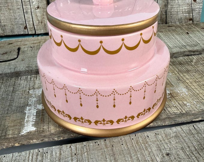 Tiered Cake Burton & Burton Pink Gold Trimmed Cookie Jar/ Avant-garde Make up Holder Trinket Container, Decor Canister