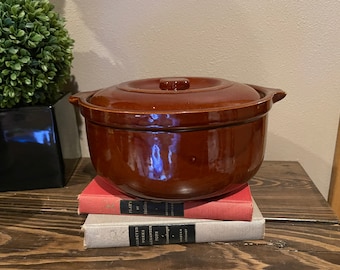 Vintage Brown Stoneware Casserole Dish with Lid MCM William Sonoma Style