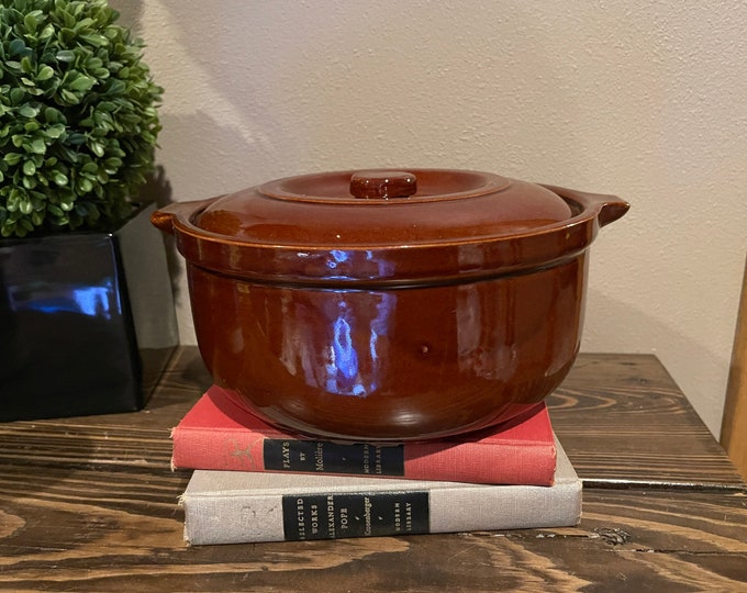 Vintage Brown Stoneware Casserole Dish with Lid MCM William Sonoma Style