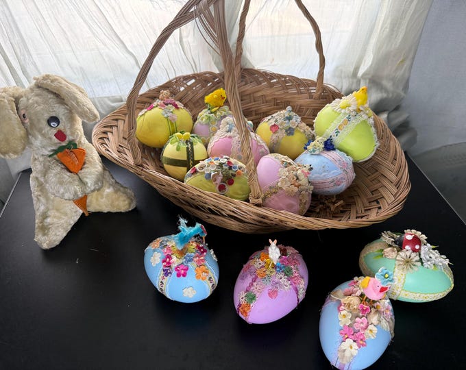 1950 Authentic Large Easter Eggs Handmade Daisies, Chenille Chick, Ladybug, Celluloid Bunny, Lucite Fruit, Birds, Baby Turtle, Kittens, Lace