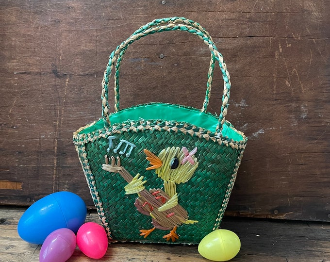 Straw Chick Playing Guitar Handbag Vinyl Liner Colorful Green Color Carry Basket, Easter Children's Purse, Vintage Woven Bag MCM