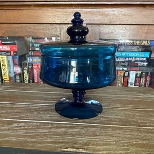 Vintage cobalto azul Fenton cubierto caramelo oblea compota pie boticario tarro