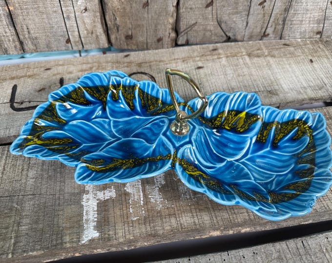 California Pottery Trinket Tray Double Leaf Gold Triangle Handle Rare Drip Glaze Finish Blue & Butterfly Wing Pattern