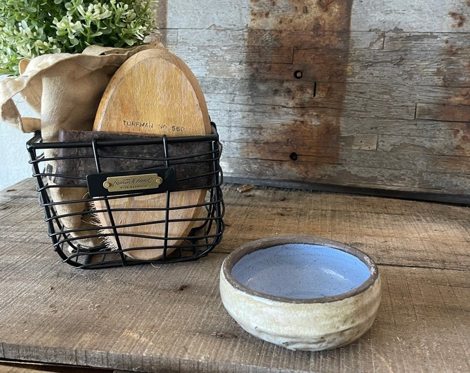 Vintage Stoneware Trinket Bowl, Hand Thrown Black Stoneware Cloud Blue and Periwinkle Earth Tones Candy Dish