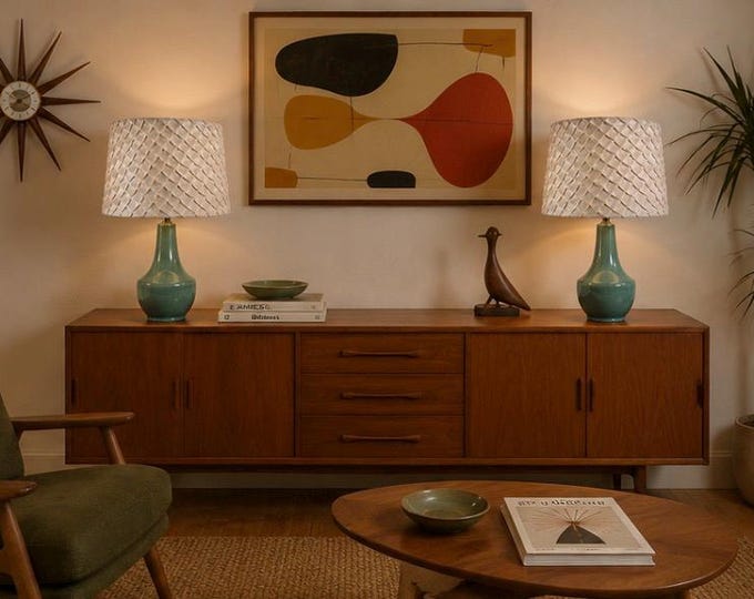 Pair of Vintage MCM 1970s Matching Table Lamps Turquoise Stoneware with Textured Shades Coastal