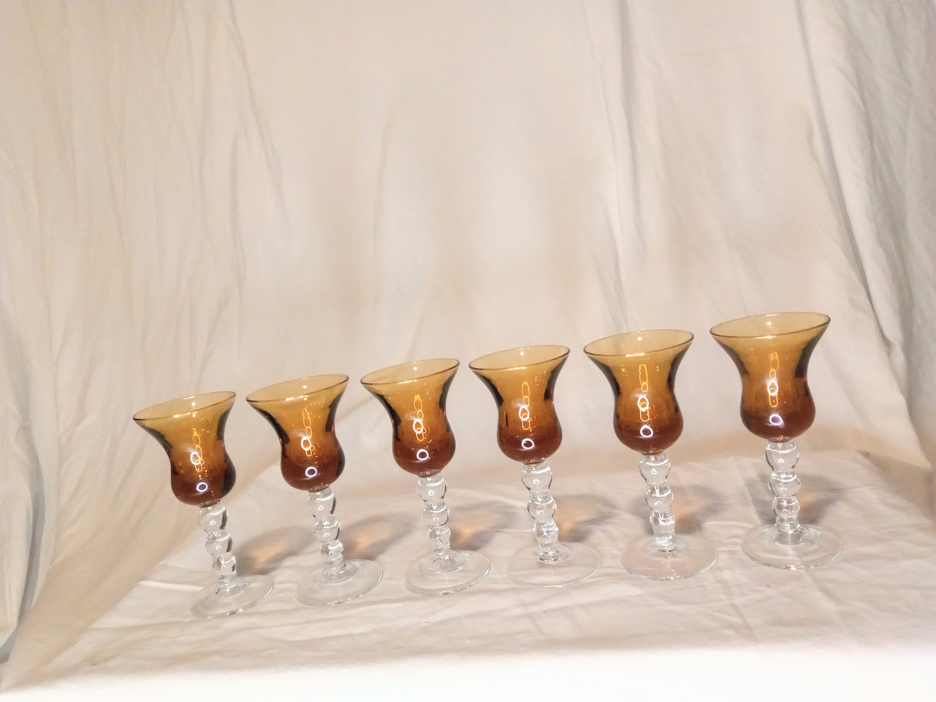Vintage crystal liqueur glasses with amber tulip flute; set of 6
