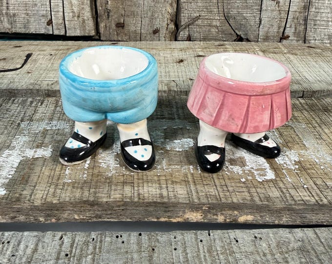 Vintage Set of Knobler Taiwan Egg Holders She & He Boy and Girl Legs Funny Novelty Easter Decor RARE