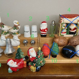Christmas Salt and Pepper Shakers Rare & Vintage MCM, glass, resin, silver, ceramics