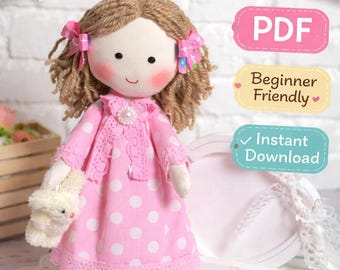 Modello di bambola in PDF, cartamodello per cucire una bambola di stoffa, tutorial per bambola in tessuto da 9 pollici, bambola morbida fai da te in PDF, adatto ai principianti