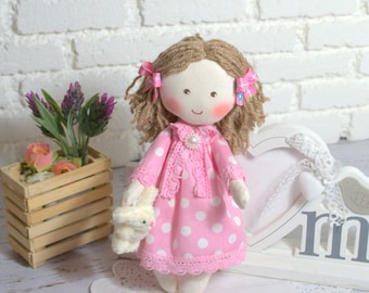 Handmade Rag Doll with Bunny: 8-inch Cotton Calico Doll