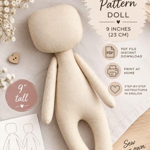 Puede incluir: Una muñeca de tela beige que mide 23 cm de altura. La imagen incluye el texto: PDF Sewing Pattern DOLL, 9 INCHES (23 CM), PDF FILE INSTANT DOWNLOAD, PRINT AT HOME, STEP-BY-STEP INSTRUCTIONS IN ENGLISH, 9" tall, y Sew your own doll.