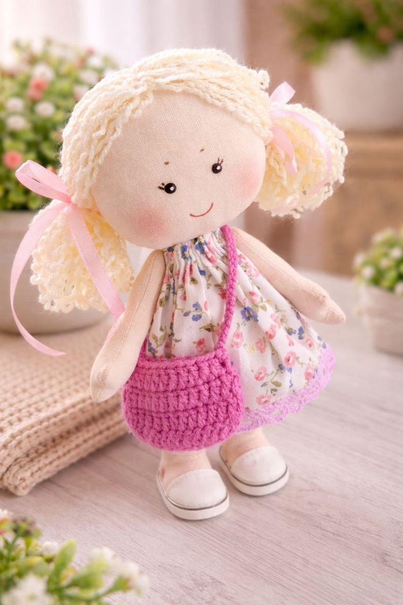 May include: A handmade cloth doll with blonde yarn hair styled in pigtails, adorned with pink ribbons. The doll wears a floral print dress, a pink crocheted purse, and white shoes. The doll has rosy cheeks and a gentle smile.