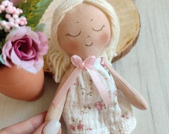 Handmade Rag Doll 6 inch: Muslin Dress, Yarn Hair