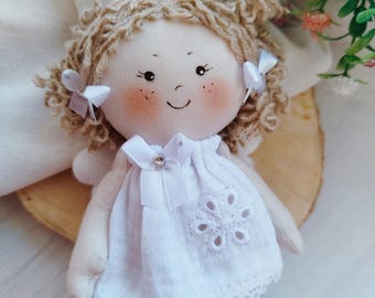 Rag Angel in White Dress – 4 inch Mini Textile Ornament, Home Decor Gift