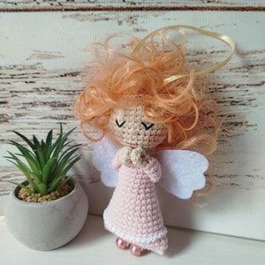 Amigurumi Angel Doll, Guardian Angel, Cute small Doll, Doll 6 inches in pink dress, First Communion Angel