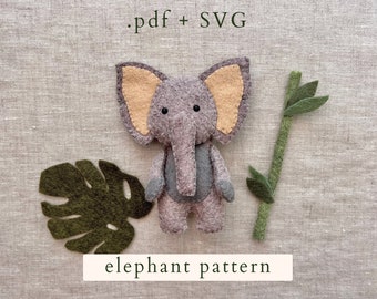 Elephant & Leaves Pattern - Felt stuffed animal pattern, PDF, SVG, downloadable, hand sewing