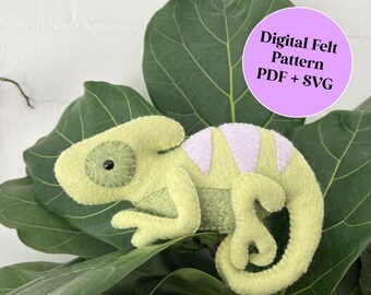 May include: A green felt chameleon with pink accents, sitting on a green leaf. The text "Digital Felt Pattern PDF + SVG" is in a purple circle.