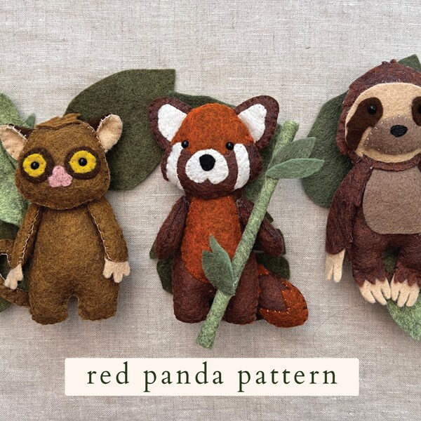Red Panda & Leaves Pattern - Felt stuffed animal pattern, PDF, SVG, downloadable, hand sewing