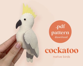 May include: A felt cockatoo bird sewing pattern, with a yellow crest, white body, and gray wings. The pattern is available as a PDF download. The text "cockatoo native birds" is below the image.