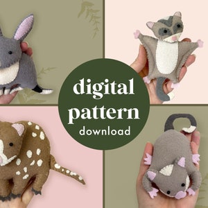 オーストラリアのフェルト動物、裁縫パターン PDF、ビルビー、フクロネコ、フクロモモンガ、ポッサム、デジタルダウンロード、ぬいぐるみ、ホオジロ、ベビーモビール