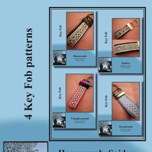 May include: Four different key fob patterns: Honeycomb, Spider, Triangle Ground, and Roseground. Each pattern is displayed on a key fob with a black leather strap. The key fobs are designed and worked by Jenny Brandis.