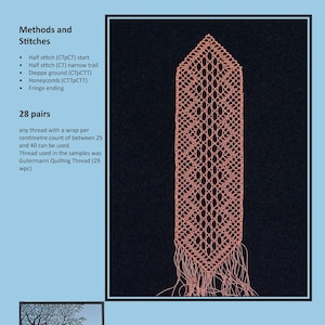 May include: A pink lace bookmark with a detailed design, titled "Ashlea Bookmark" and "Pattern in 2 sizes". The bookmark is designed and worked by Jenny Brandis.