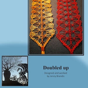 Pode incluir: Dois marcadores de página de renda feitos à mão, um em laranja e outro em vermelho, com um design detalhado. Os marcadores de página são intitulados "Doubled up" e "Designed and worked by Jenny Brandis".