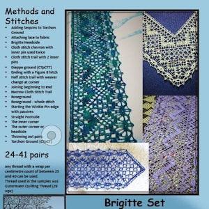 May include: A pattern for a Brigitte Set, including a bookmark, edging, frame, and insert, designed by Jenny Brandis. The image shows examples of the lace work in blue, green, and purple. The pattern is available in two sizes.