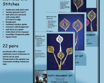 Op de afbeelding: Een digitaal patroon voor een gehaakte ornamentset genaamd "Faith, Hope and Charity Ornament", ontworpen door Jenny Brandis. Het patroon is verkrijgbaar in twee maten. De afbeelding toont een close-up van het afgewerkte ornament, dat is gemaakt met wit garen en een delicaat, ingewikkeld ontwerp heeft.