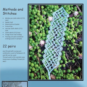 May include: A blue crochet bookmark in the shape of a feather, with a detailed pattern of stitches. The bookmark is lying on a bed of green leaves. The text "RACHELLE'S BOOKMARK" is printed in black at the bottom of the image, along with the text "Designed and worked by Jenny Brandis" and "Pattern in 2 sizes".