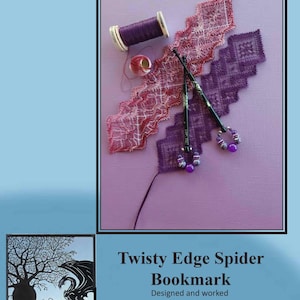 May include: A purple and pink lace bookmark with a twisty edge design. The bookmark is decorated with purple beads and has the text "Twisty Edge Spider Bookmark Designed and worked by Jenny Brandis".