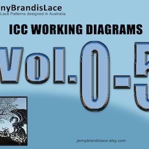 May include: A blue and white title card with the text "JennyBrandisLace Bobbin Lace Patterns designed in Australia ICC WORKING DIAGRAMS Vol. 0-5 jennybrandislace.etsy.com"