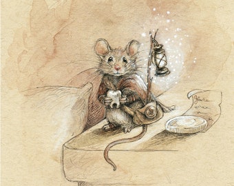 May include: A small mouse wearing a brown coat and holding a tooth in its paw. The mouse is standing on a table with a small lantern and a coin on it. The background is a light brown watercolour wash.