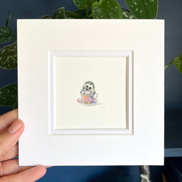 Teacup Hedgehog mini giclée print, mounted