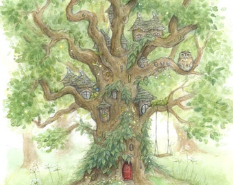 May include: A watercolour painting of a large tree with multiple houses built into its branches. The tree is surrounded by green grass and white flowers. Two rabbits are sitting near the base of the tree.