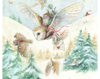 May include: A watercolour illustration depicts owls in flight over a snowy landscape. One owl carries a gnome, others carry letters. The scene includes evergreen trees and a fox, evoking a winter theme.