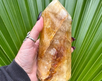Golden Healer Quartz Tower, Large Crystal Point, Hematoid Quartz Statement Piece