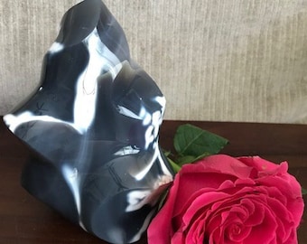 Orca Agate Crystal Flame, Blue and White Agate Specimen, Large 2.5 lb Polished Madagascar Chalcedony Standing Display Stone