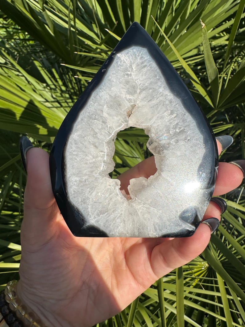 May include: A teardrop-shaped geode with a black exterior and a white, crystal-filled interior. The geode is held against a backdrop of green foliage, showcasing its natural beauty and unique form. The geode is a decorative item.