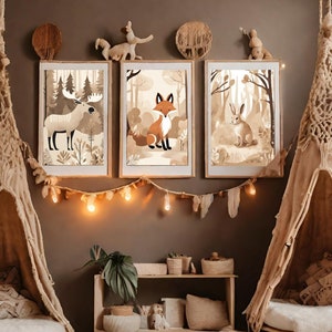 Láminas de arte de pared para guardería, ilustraciones de animales del bosque, decoración forestcore, adorno para habitación de niños, regalo para niños, juego de 3 pósteres beige