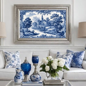 Toile de Jouy, Toile art, niebieska vintage dekoracja ścienna, Chinoiserie obraz, chintz dekoracja, Dawne malarstwo, wiejska dekoracja