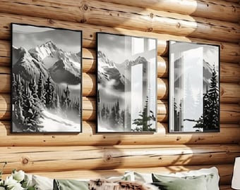 Black and White Mountain Photography Print Set, Alps Wall Art