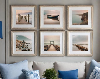 Set mit 6 Bilder,  Meereswandgalerie, quadratische Fotos für Rahmen, Meeresfotografien, Küstenwanddekoration, Farbfotogalerie, Poster See